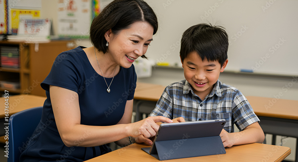 Asian teacher assisting a student using a tablet in elementary school class Asian teacher assisting a student using a tablet in elementary school class