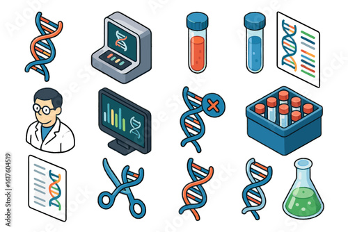 Set lab icon gene report sequencer tool biohacking storage laboratory helix vector