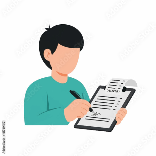 A man signing a delivery confirmation document on a clipboard. Customer providing a signature for package receipt.