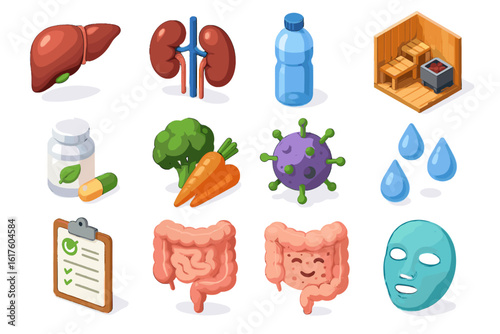 Cleansing icons droplets biohacking plan mask toxin detox icon gut vector sweat