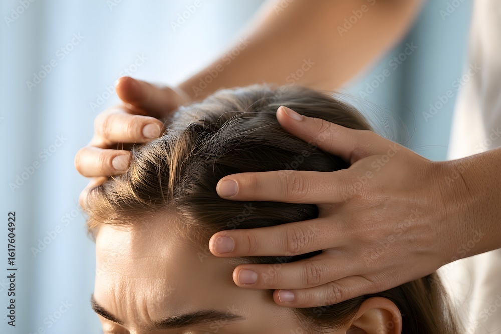 Fototapeta premium Macro shot of female scalp massage with hands gently parting hair soft natural light relaxation and wellness care
