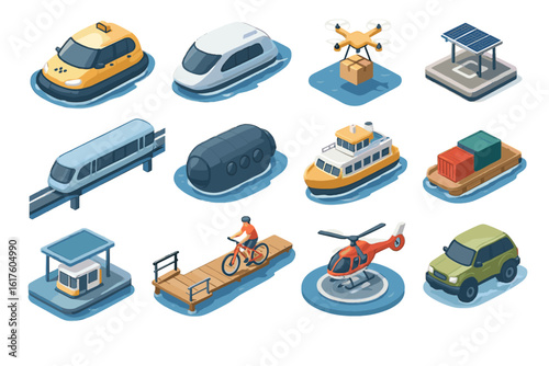 Transport tram vector water ferry city system drone floating bike icon helipad