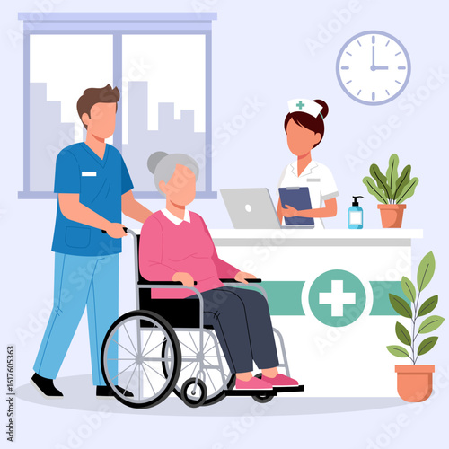 Illustration of a male nurse pushing an elderly patient in a wheelchair past a medical reception, symbolizing comprehensive healthcare and patient assistance.