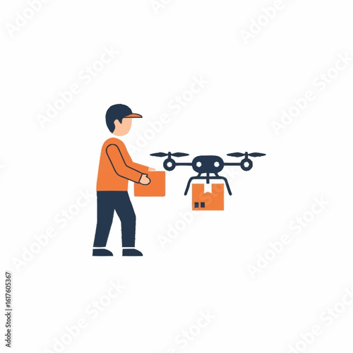 The future of shipping and logistics with a delivery person loading a parcel onto an autonomous aerial drone for express delivery service.