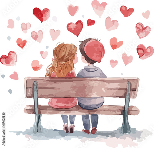 Romantic Couple Sitting on a Bench Surrounded by Hearts