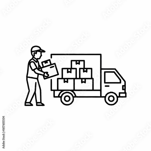 A line art icon of a delivery worker loading cardboard boxes onto a truck.