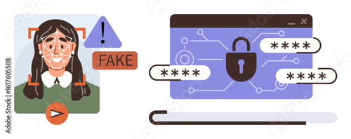 Facial recognition detecting deepfake with warning sign and alert, alongside password-protected digital interface. Ideal for cybersecurity, identity protection, deepfake awareness, digital safety