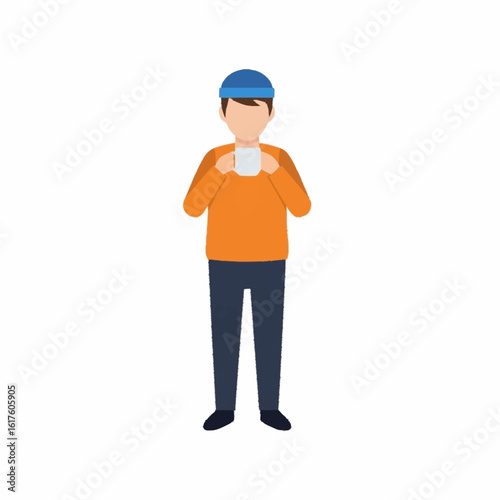 A man in a blue beanie and orange sweater stands holding a white mug with both hands.
