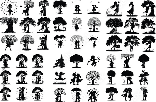 Girl Hugging Tree Silhouette Icon Set Eco Love Nature Girl Silhouette Design