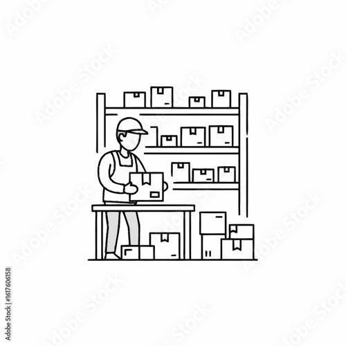 A line art illustration of a warehouse worker packing a cardboard box at a table.