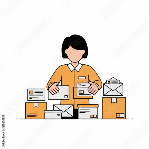 A female postal worker in uniform actively sorts through a pile of letters, envelopes, and cardboard parcels.