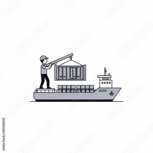 A worker in a hard hat uses a crane to load a shipping container onto a large cargo ship.