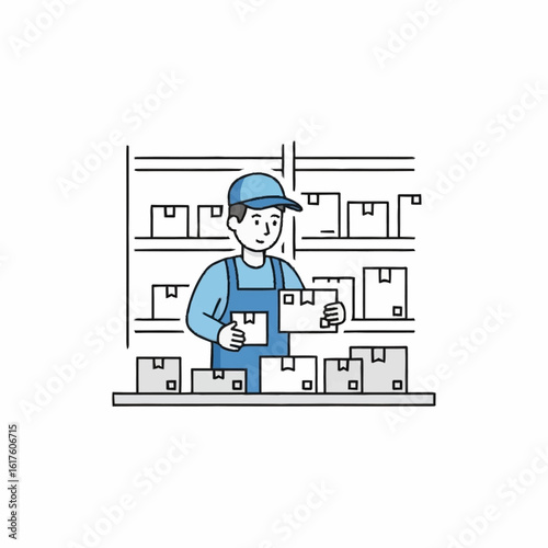 A warehouse worker in a blue uniform and cap organizes cardboard boxes on shelves.
