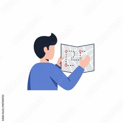 A person in a blue shirt holds a paper map, planning or following a route marked with red pins and a dashed line.