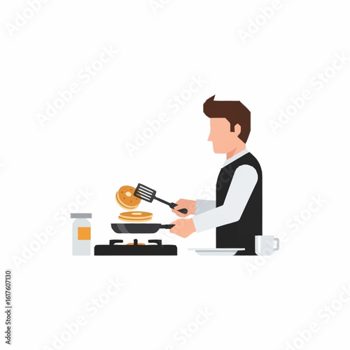 A man in a vest cooks fresh pancakes on a stovetop, flipping one with a spatula.