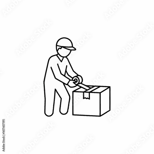 A line icon of a worker in a cap sealing a cardboard box with a tape dispenser.