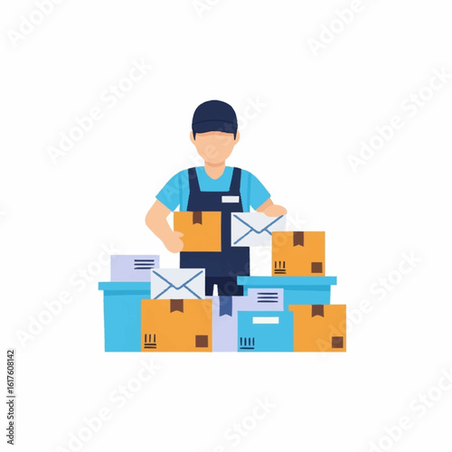 Delivery service worker sorting parcels and mail. Vector illustration of a postman with boxes and envelopes for shipping and logistics.