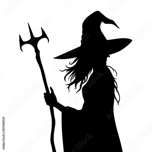 silhouette of a witch in a pointed hat holding a trident on a white background
