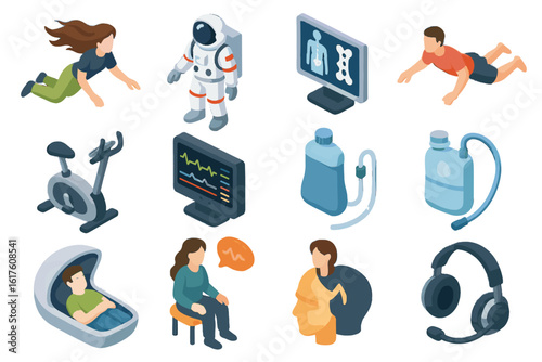 Monitor spacewalk vector icon bike gravity support zero pod medical shield suit