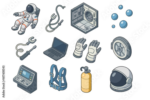 Vector objects zero space hatch water tools weightless icon airlock gravity gloves