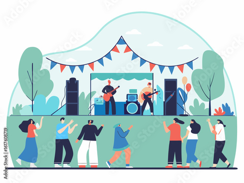 Outdoor music festival with band performing on stage and people enjoying the concert