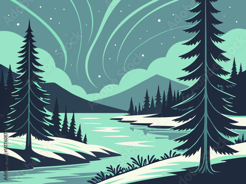 Stylized Landscape with Aurora Borealis Trees Mountains and Lake in a Minimalist Vector Illustration