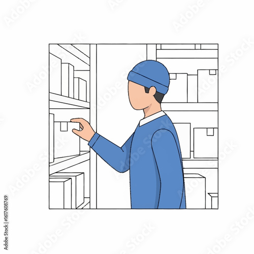 An illustration of a stockroom worker in a blue beanie picking a box from a shelf.