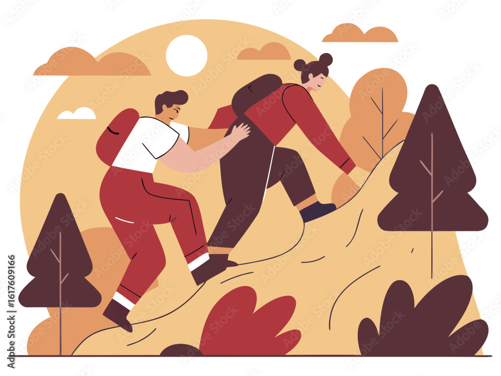 Obraz premium Couple Hiking Together in Nature Helping Each Other Climb Up a Hill Vector Illustration