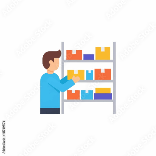 Warehouse worker organizing inventory boxes on storage shelves. Logistics and supply chain management concept.