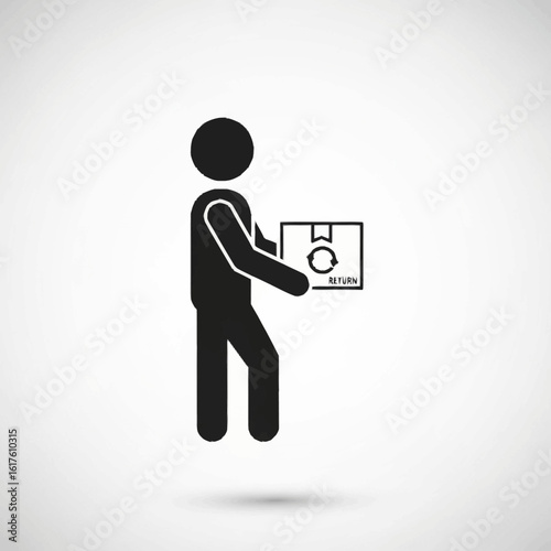 A black silhouette of a person holding a package with a return symbol and the word "RETURN" on it.
