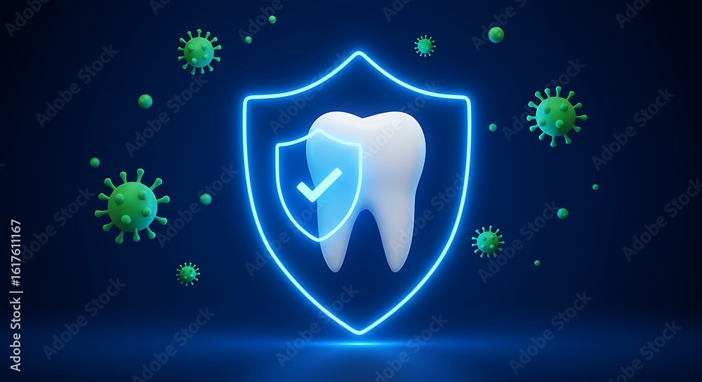 Fototapeta premium A tooth protected by a glowing blue shield surrounded by virus, implying dental healthcare.