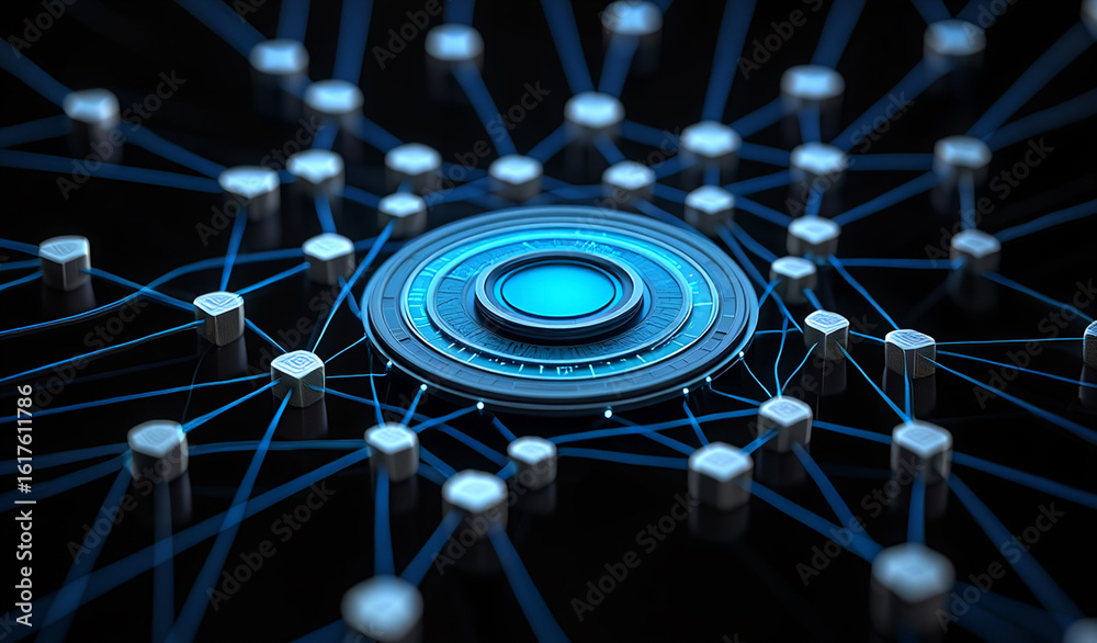 Obraz premium Intricate Digital Network Connecting Abstract Futuristic Nodes Around Central Core Element