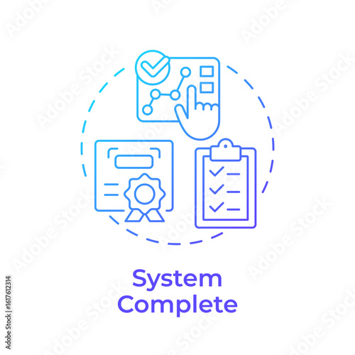 System complete blue gradient concept icon. Product certification. Technology readiness level. Deployment stage. Round shape line illustration. Abstract idea. Graphic design. Easy to use in brochure