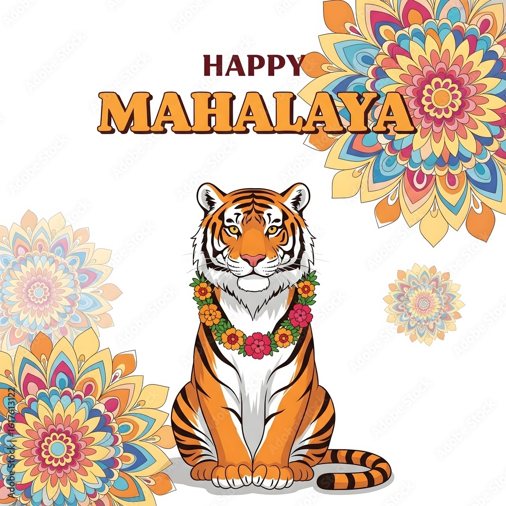 Obraz premium Majestic tiger celebrates happy mahalaya with floral decorations