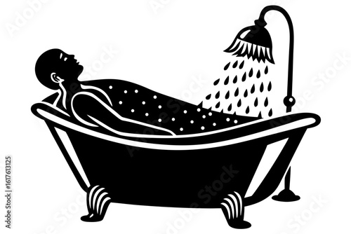 Minimalist black and white vector art of a person taking a relaxing shower bath in a classic clawfoot tub. A concept of hygiene and self-care.