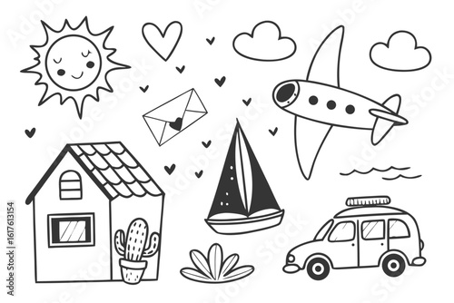 A delightful hand-drawn doodle collection of travel and vacation icons including an airplane, car, boat, and sun.