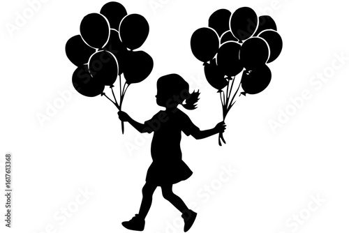 Silhouette of a young girl running happily with two large bunches of festive balloons, a vector graphic illustrating childhood joy and celebration.