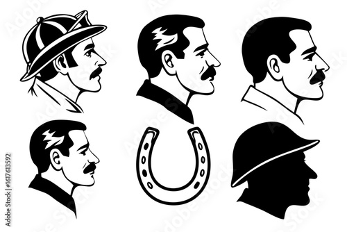 Collection of vintage-style male profile illustrations with mustaches, including a jockey, soldier silhouette, and a lucky horseshoe.