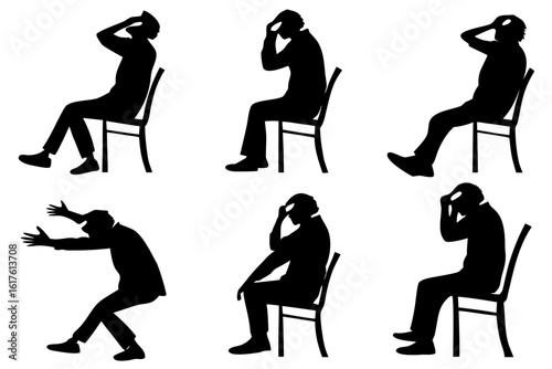 A collection of isolated man silhouettes seated on a chair, expressing deep emotional distress, anxiety, and burnout.