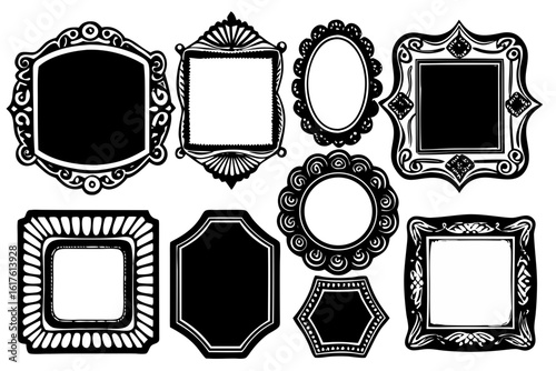 A diverse collection of ornate and vintage-style picture frames. Set of decorative black silhouette borders and empty antique photo holders.