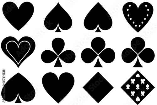 A vector collection of black card suit symbols. Set of icons including hearts, spades, clubs, and diamonds for graphic design and concepts of gaming and chance.
