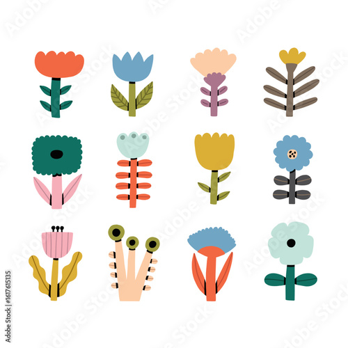 Nordic Summer Flower Set. Abstract Easter Geometric Floral Graphic Element. Vector Illustration