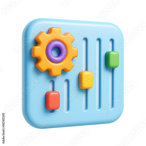 3d control panel with colorful sliders and gear icon for settings interface isolated on transparent background