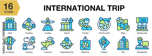 International Trip flat icon set. Includes passport, flight, airplane, airport, journey, and More. Flat icons vector collection.