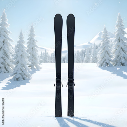 Pair of black ski equipment standing upright in a snow-covered winter landscape. Equipment positioned on snow in a tranquil winter wonderland setting.