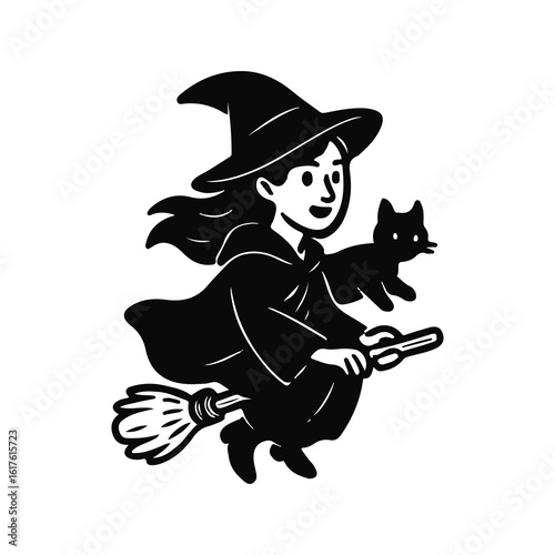 Cartoon witch flying on broomstick with a black cat. Cute Halloween character for kids designs, greeting cards, and magical illustrations. Isolated vector on white background