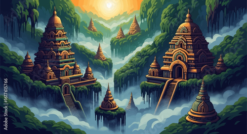 Mystical ancient temples nestled within lush, misty jungle valleys under a vibrant sunrise.