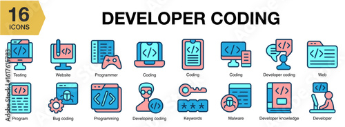 Developer Coding flat icon set. Includes coding, program, software, backend, frontend, and More. Flat icons vector collection.