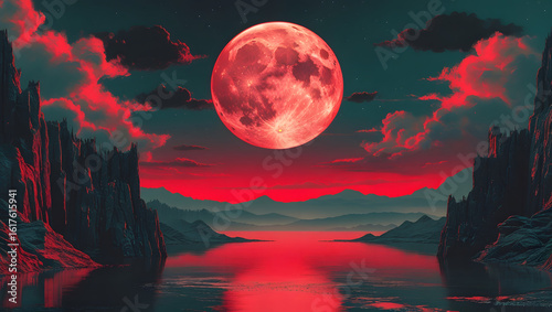 Night landscape with full moon and clouds over ocean under starry sky