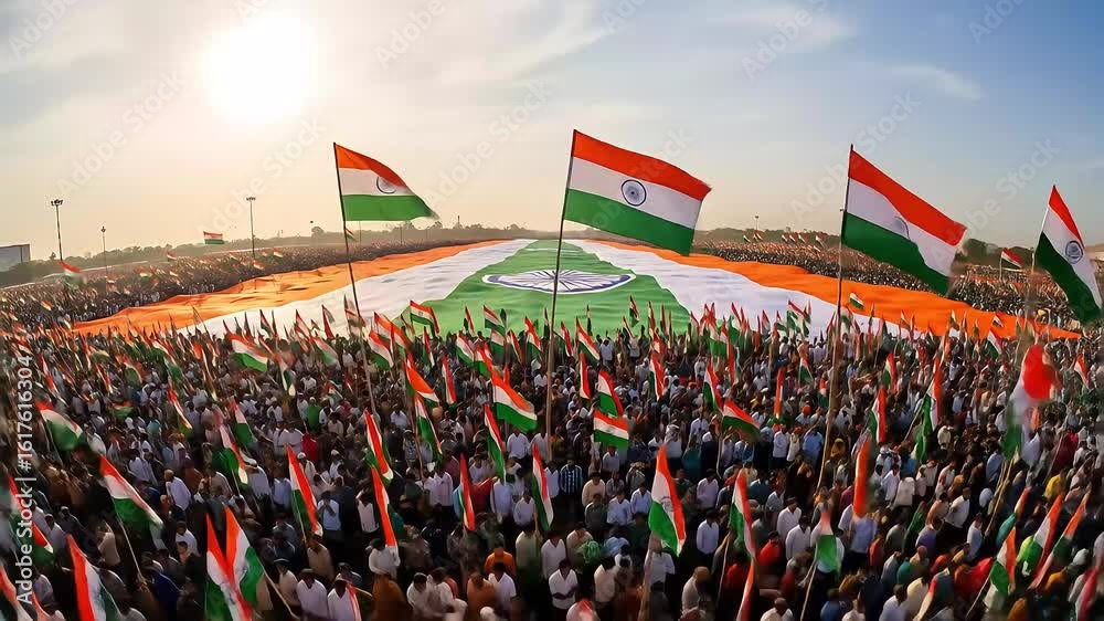 Independence Day in India Crowd Celebrating with Multiple Indian Flags